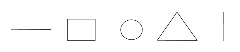 Pre-writing shapes including a horizontal and vertical line, circle square and triangle.