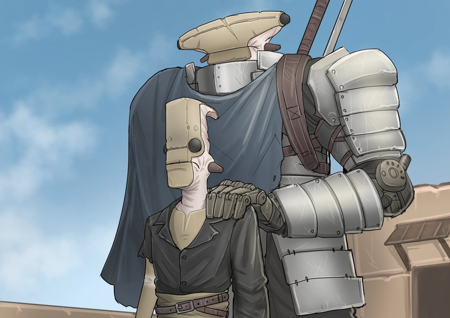 armor, outdoors, 2boys