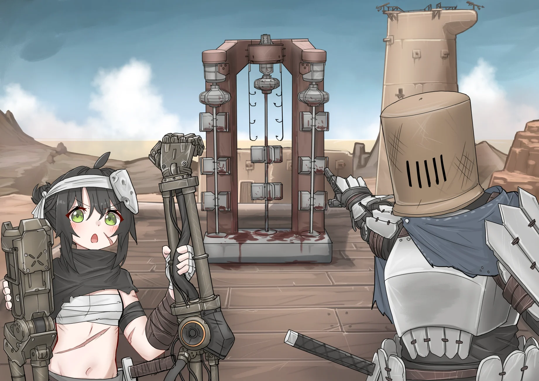 1girl, bandages, weapon
