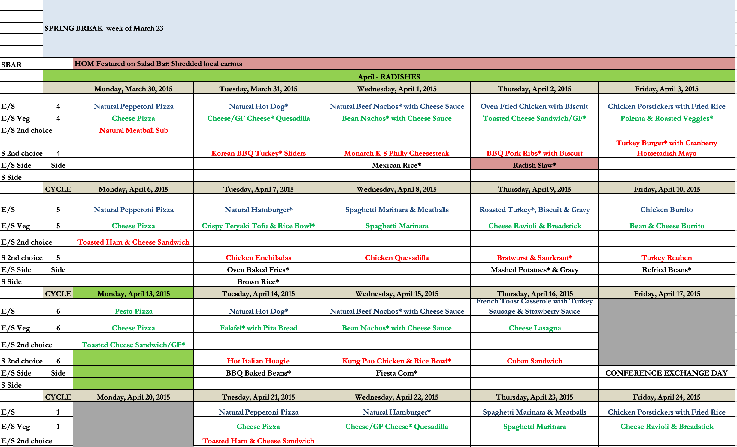 6 week cycle school menu calendar