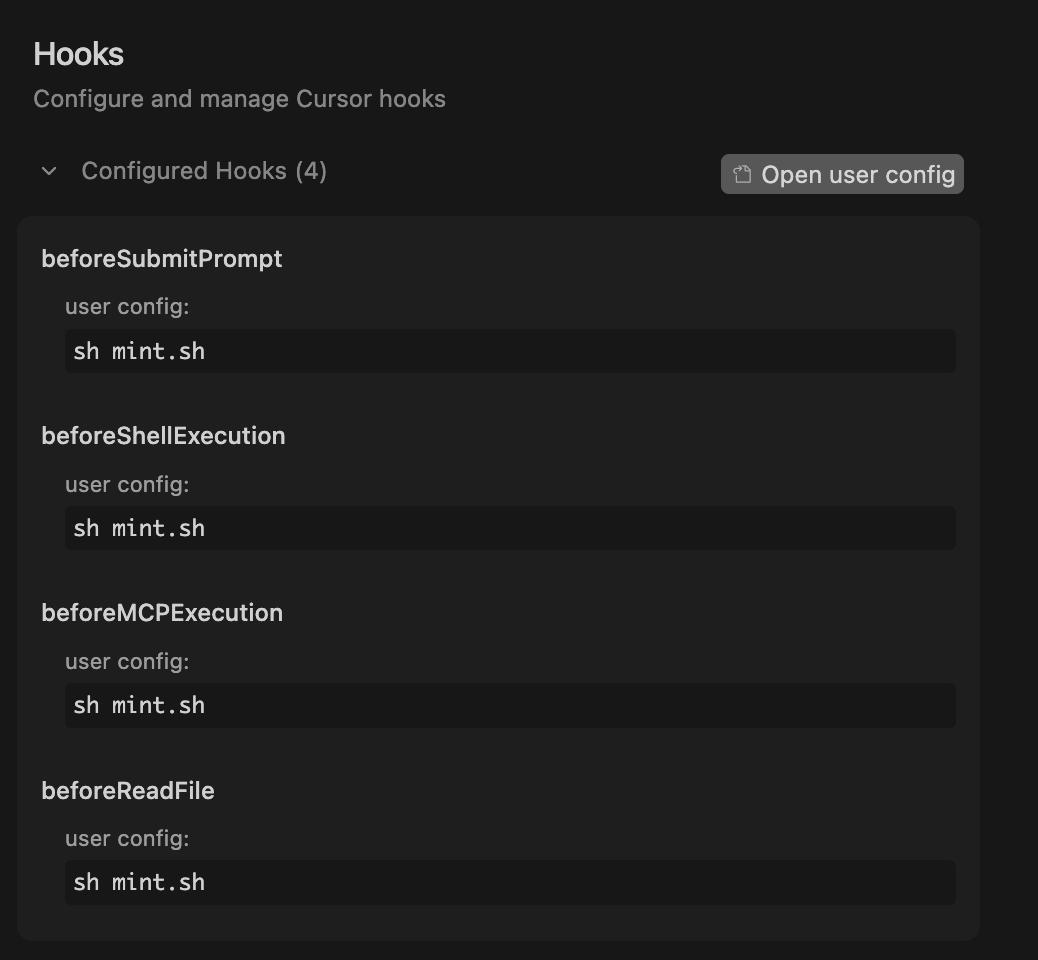 Cursor hooks configured screenshot