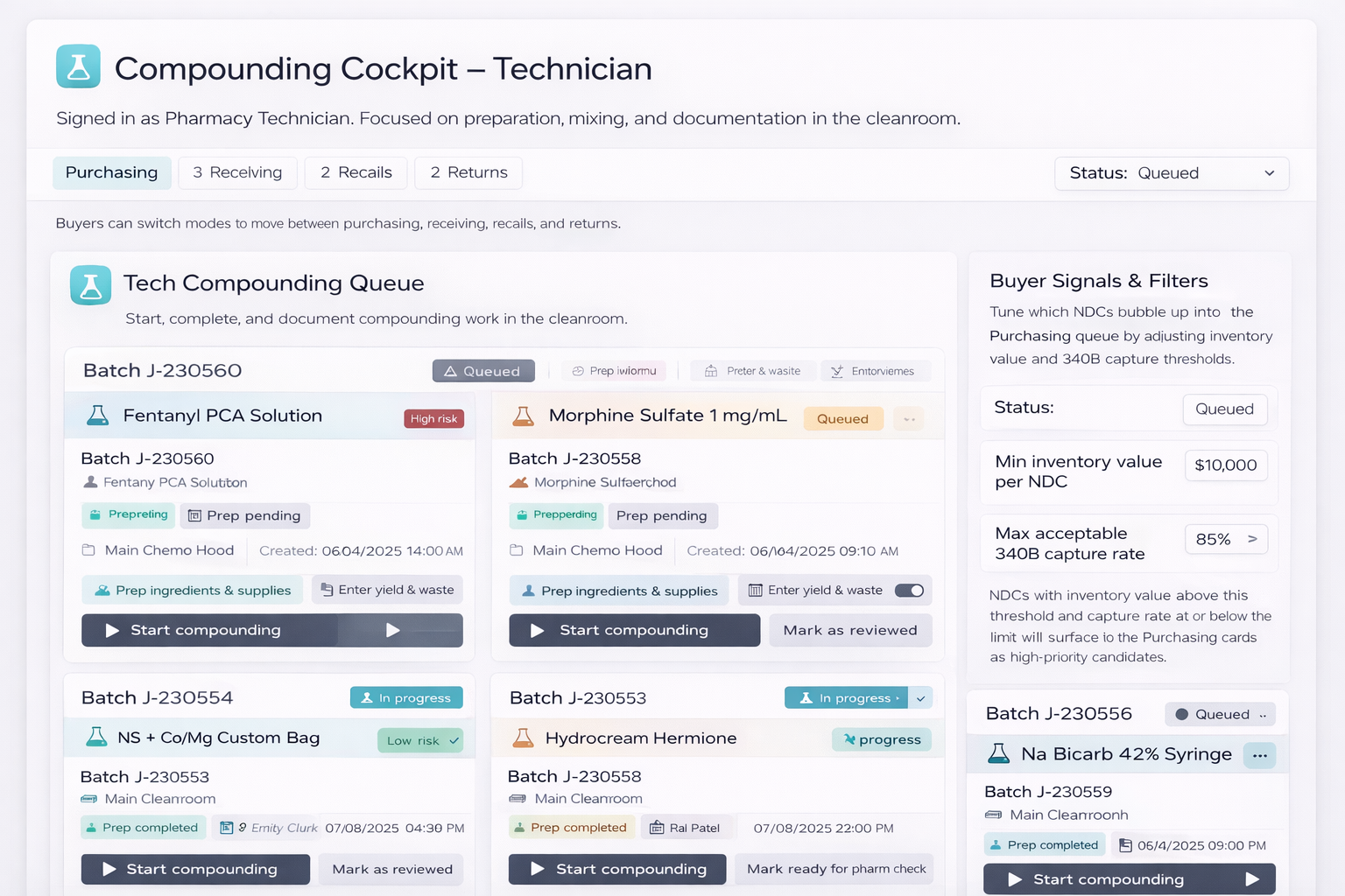 Pharmacy technicians cockpit dashboard screenshot