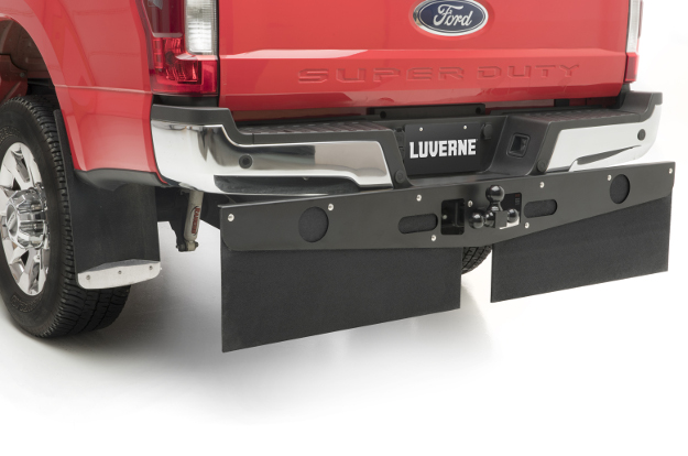 Red Ford F250 Super Duty with Mud Guards and Tow Guard