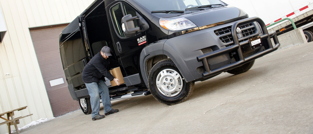 Black 2017 Ram ProMaster 2500 work van with LUVERNE O-Mega II™ side steps