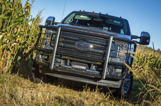 Ford F350 Super Duty with LUVERNE Prowler Max™ black grille guard in corn field