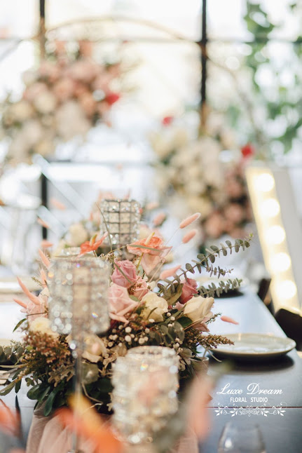 Silver Crystal Candle Holders and Flowers by Luxe Dream Event Hire & Floral Studio. Thank you Gerome.