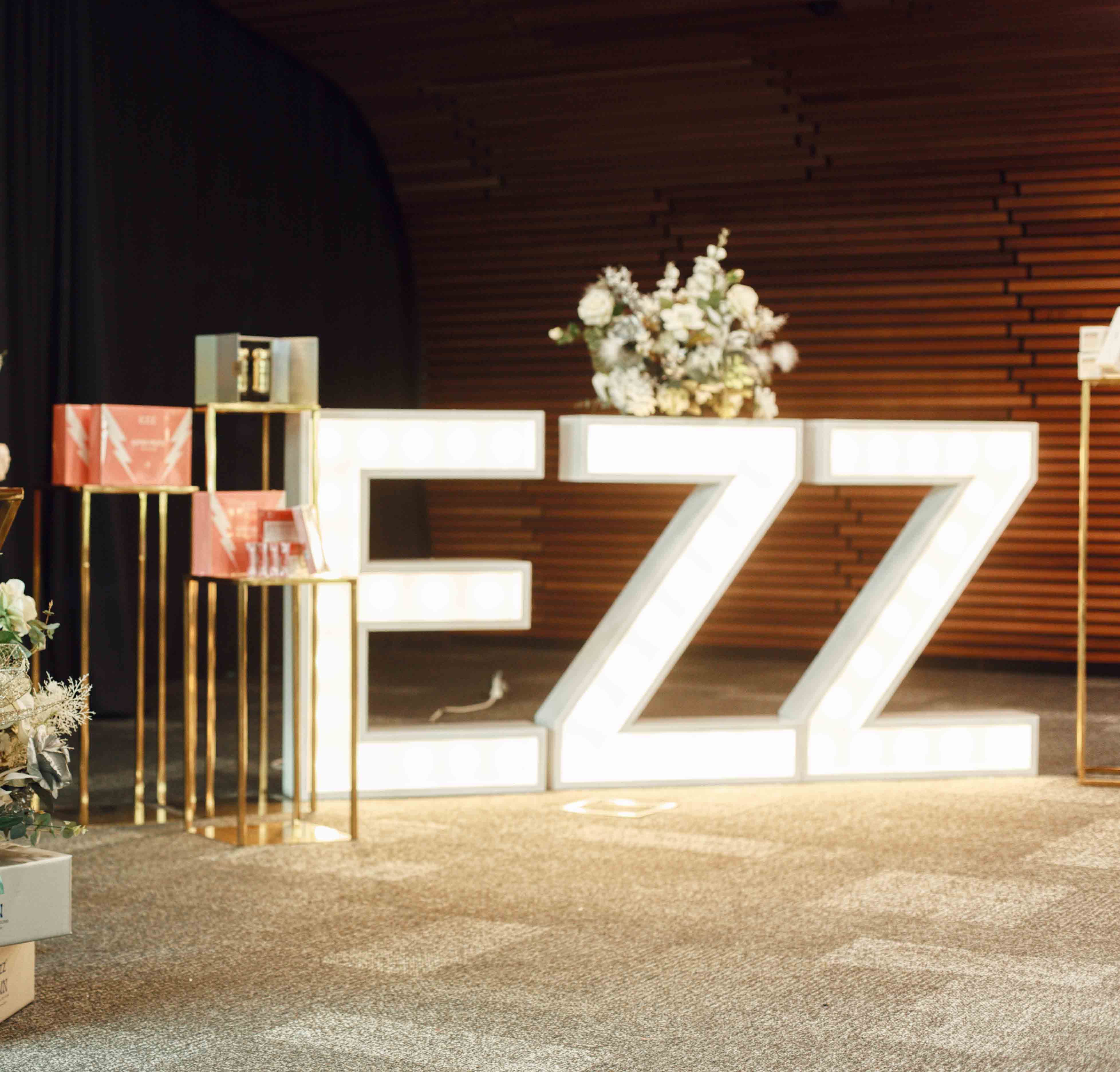 Hollow Gold Plinths and LED Letter Lights by Luxe Dream Event Hire / Flowers by Luxe Dream Floral Studio 