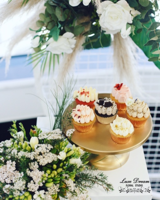 Props (cake stand) and Flower Arrangements by Luxe Dream Event Hire & Luxe Dream Floral Studio. Cakes by Candice Designer Cakes