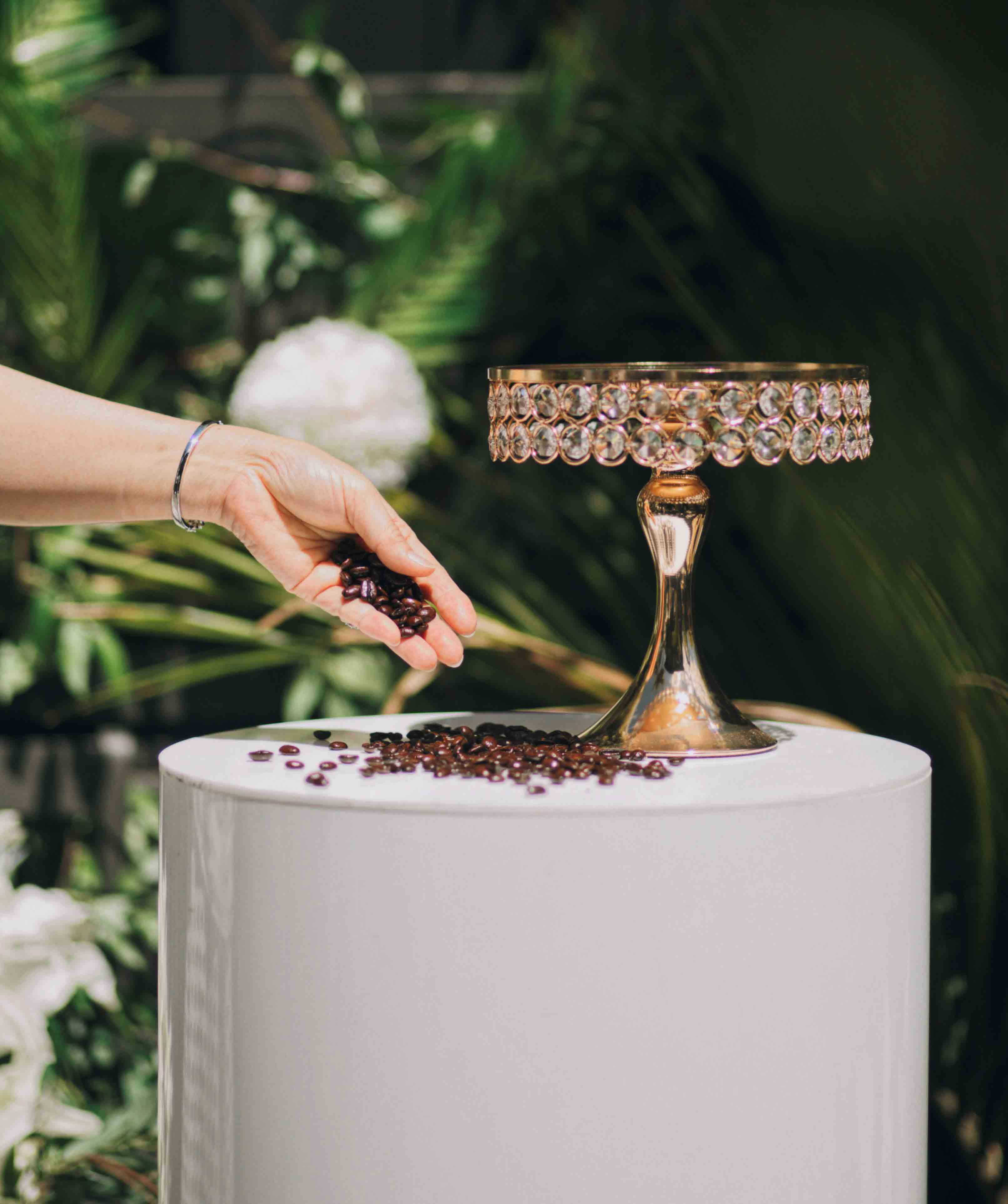 Jeweled Cake Stand and White Plinth by Luxe Dream Event Hire 