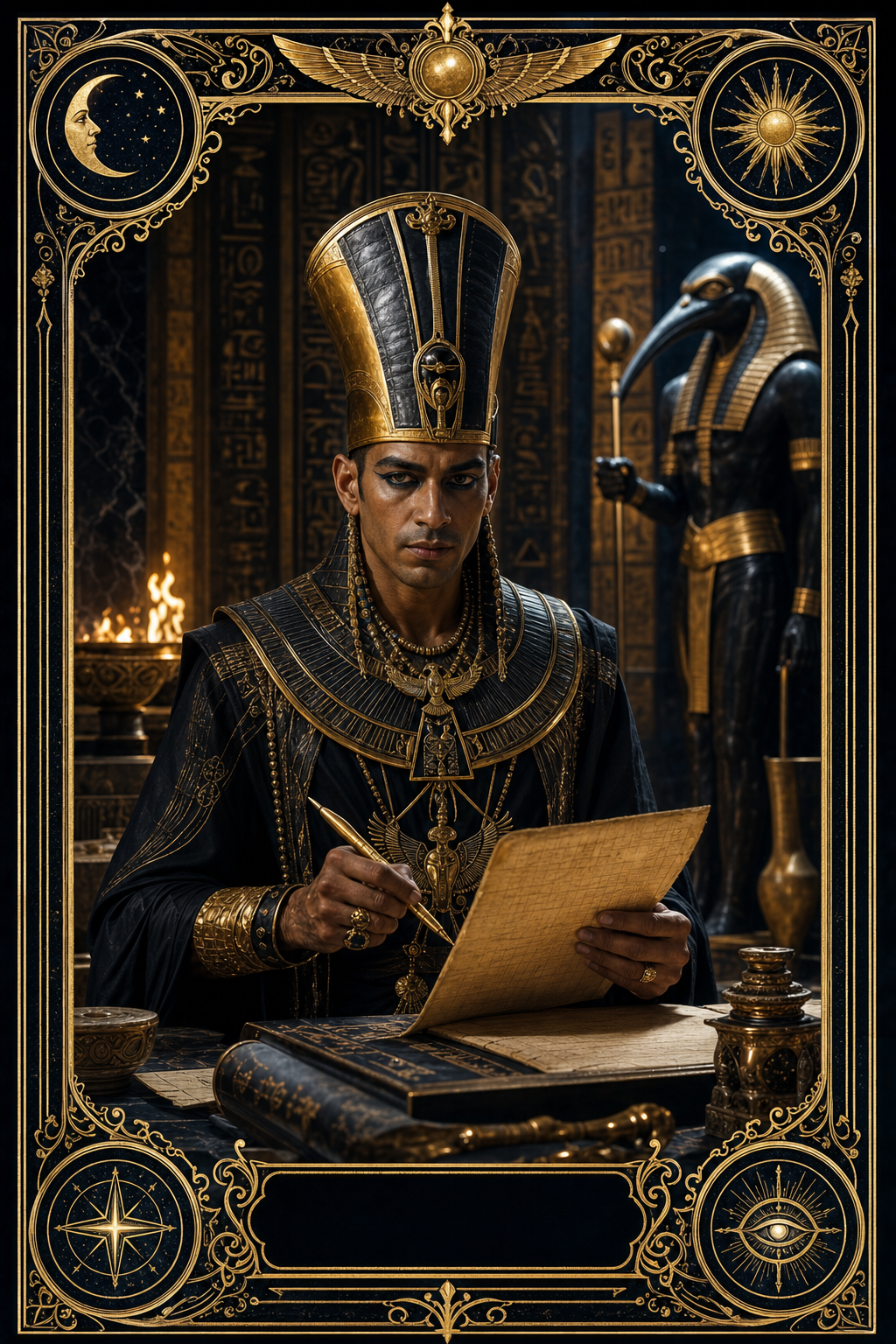 The Silent Scribe, Hermetic Egyptian scribe — realistic tarot card