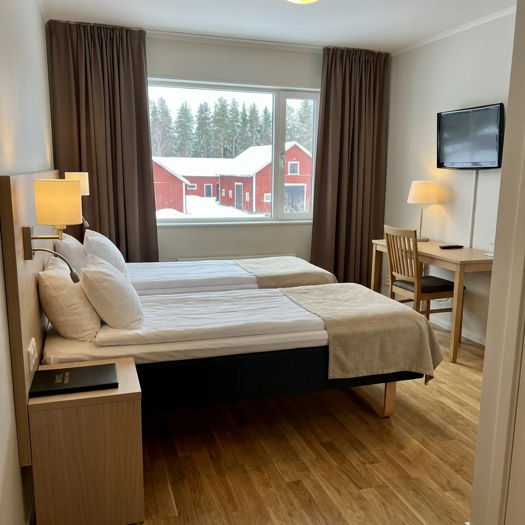 Mysigt dubbelrum med bekväm säng och fönster