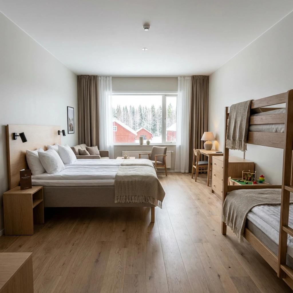 Rymligt familjerum med flera sängar och sittplats