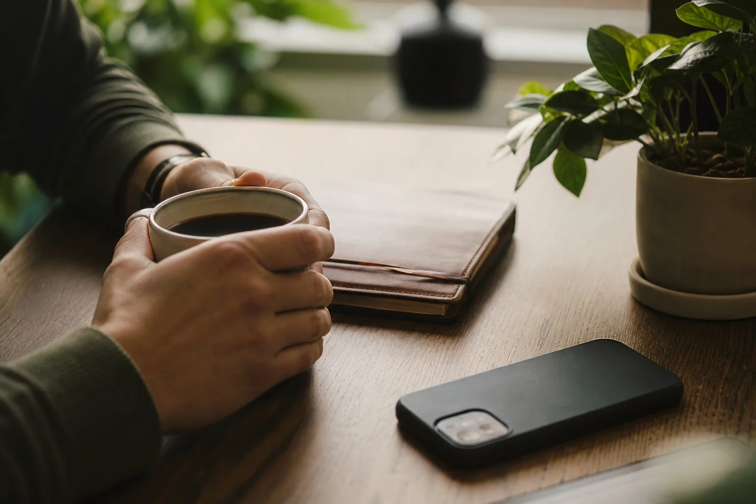Personne dans un bureau calme avec carnet fermé, plante et café, ambiance patrimoniale sereine.