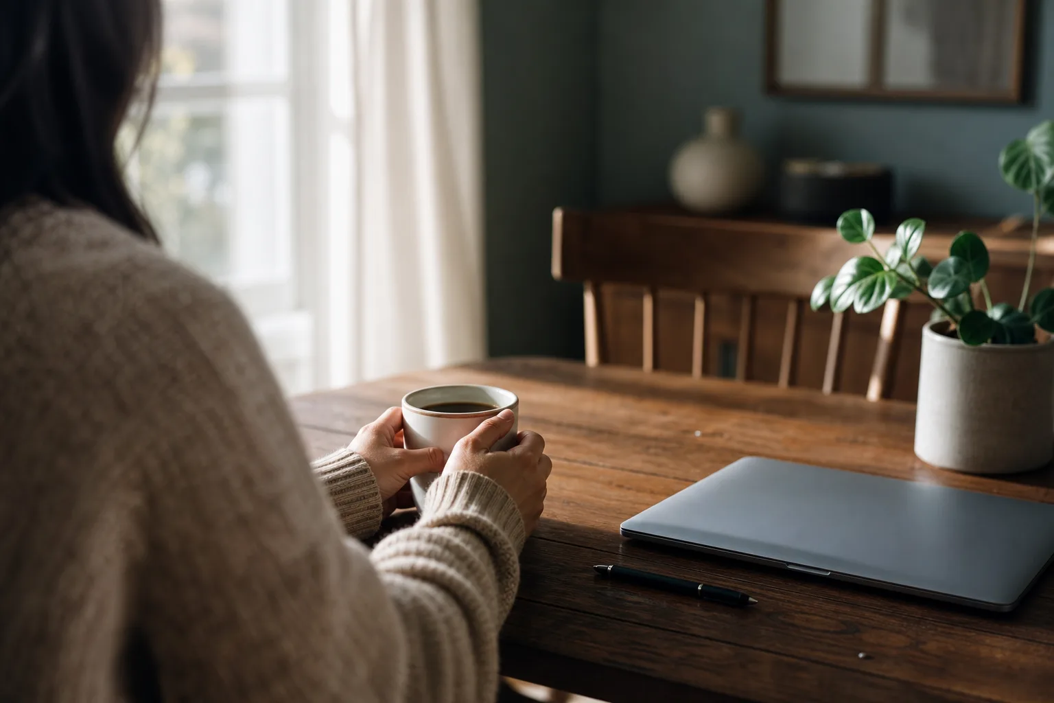Personne à une table avec café, ordinateur fermé et plante, ambiance calme pour organiser son budget