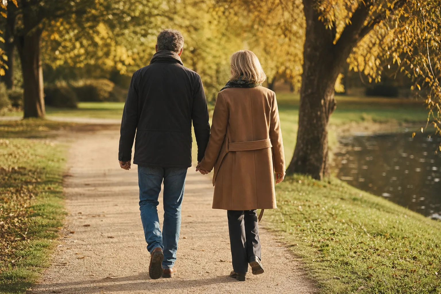 Couple senior marchant dans un parc au coucher du soleil, ambiance sereine et préparatifs de retraite
