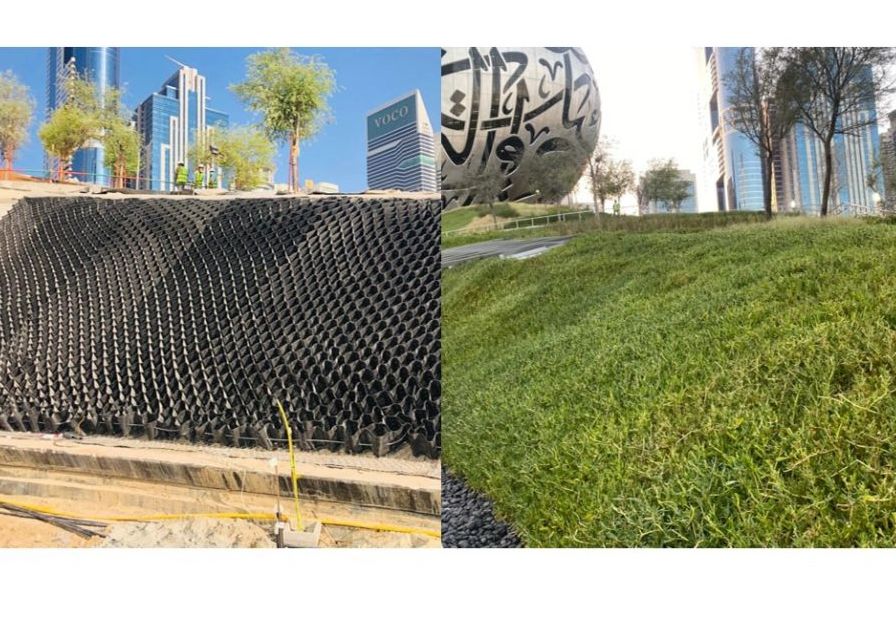 During construction: Macweb geocell (before & after vegetation growth)