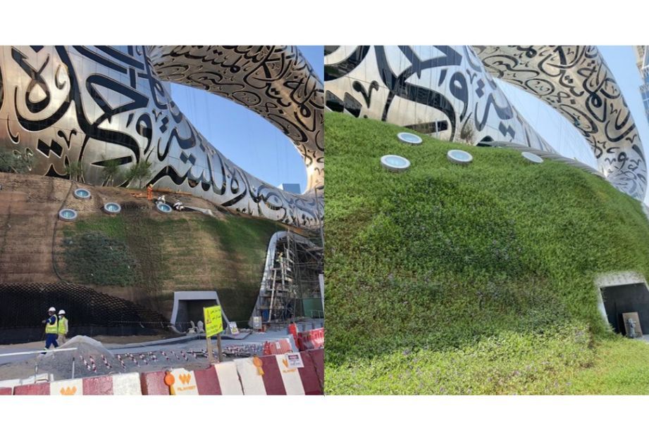 During construction: Green Terramesh soil slope (before & after vegetation)