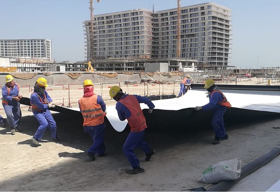 During construction: deployment of Macline geomembrane layer
