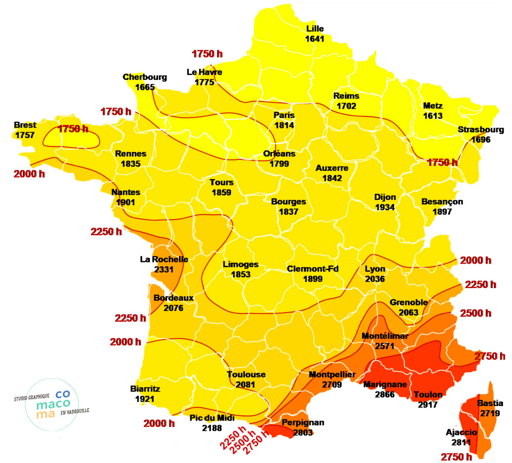 Carte de France des heures d'ensoleillement par an