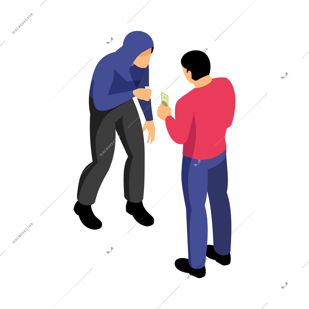 Drugs addiction isometric concept with man buying dose 3d vector illustration