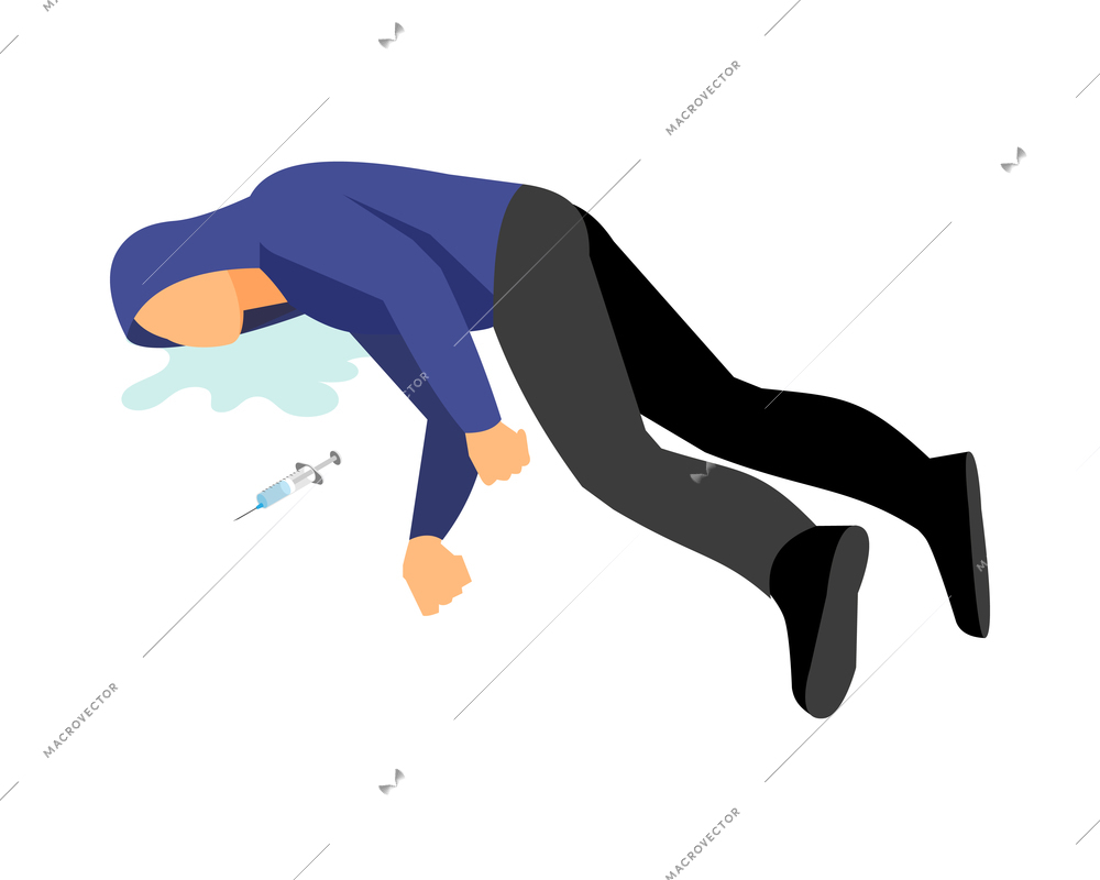 Drugs addiction isometric concept with drugged man lying on floor 3d vector illustration