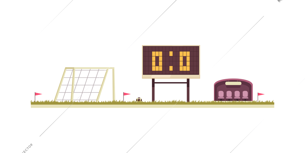 Cartoon school football field with goalposts and score board vector illustration