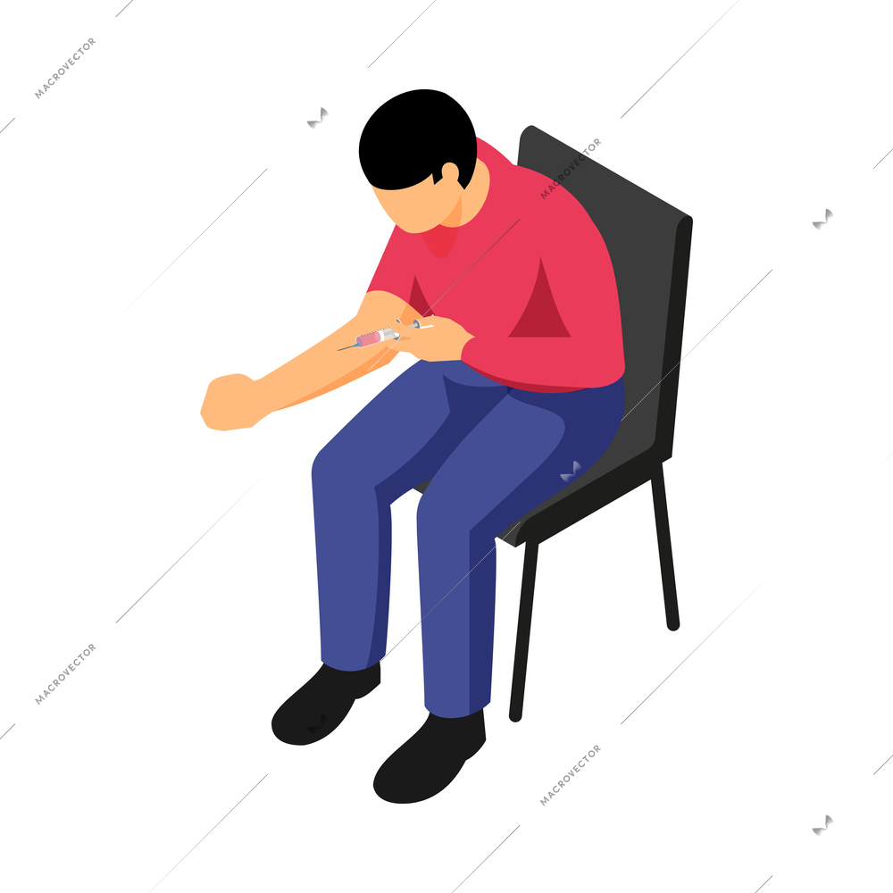 Isometric narcotics addiction icon with man taking drugs 3d vector illustration