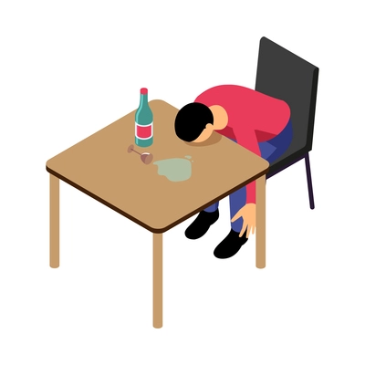 Isometric male alcoholic lying on table 3d vector illustration