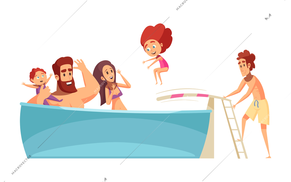 Happy family spending holidays together swimming in pool flat vector illustration