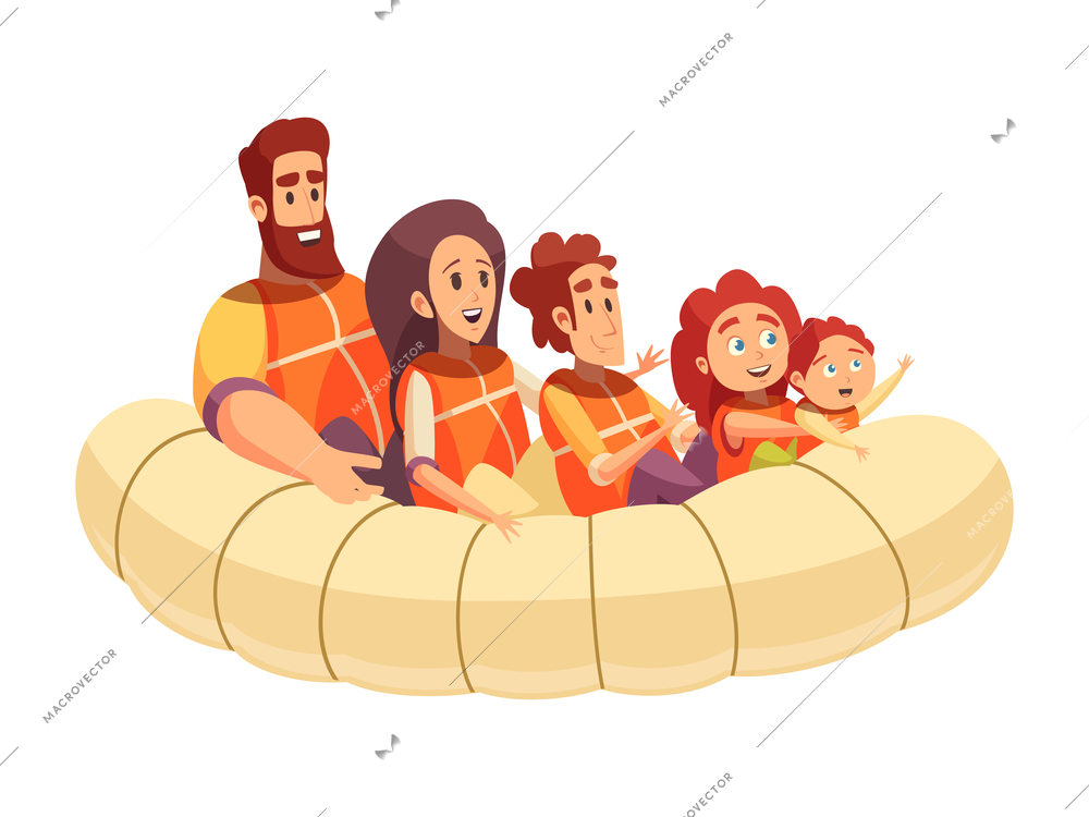 Happy family spending active holidays rafting on inflatable boat flat vector illustration