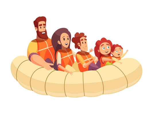 Happy family spending active holidays rafting on inflatable boat flat vector illustration