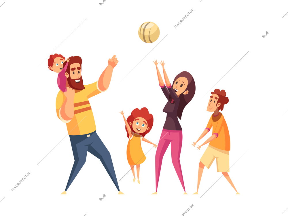 Family spending active holidays together playing with ball flat vector illustration