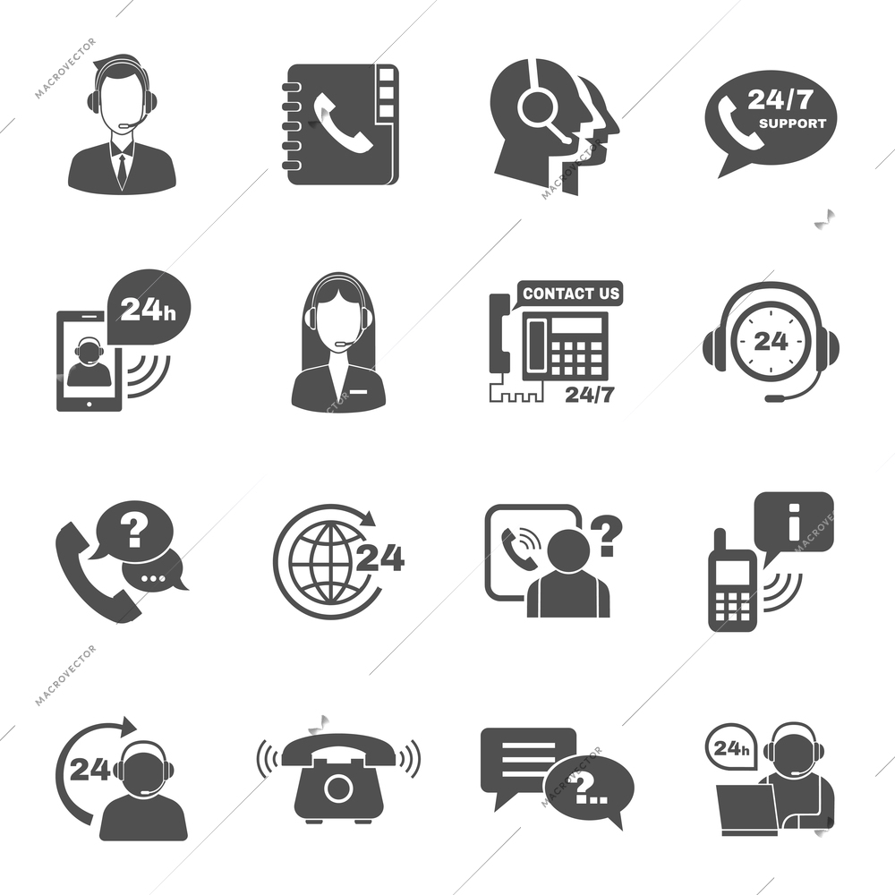 Contact us 24h support global worldwide information service black  icons set with  helpdesk operator vector isolated illustration