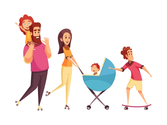 Happy family walking together in park with baby carriage and skateboard flat vector illustration