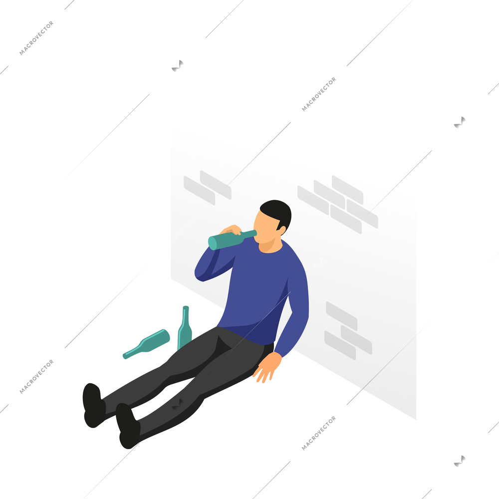 Alcoholic isometric character of drunk man drinking from bottle 3d vector illustration