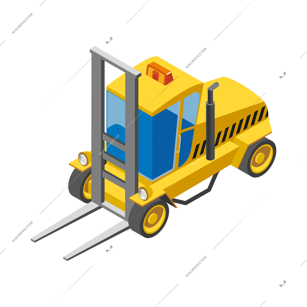 Isometric yellow forklift for raising and transporting goods 3d vector illustration