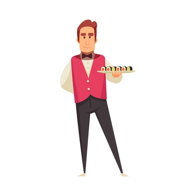 Cartoon waiter in uniform holding dish with sushi maki vector illustration