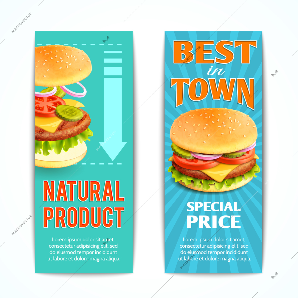 Fast food vertical banners set with best natural meat hamburgers isolated vector illustration