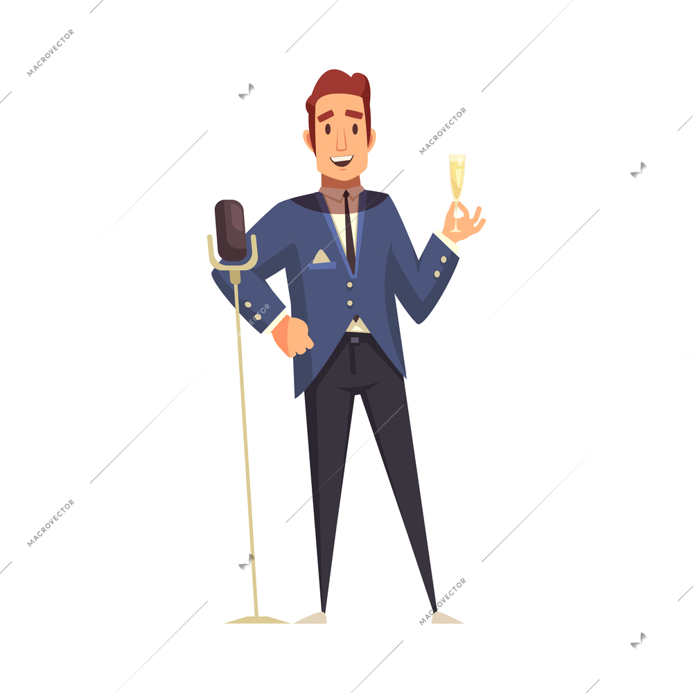 Happy man with champagne glass speaking into microphone at banquet cartoon vector illustration
