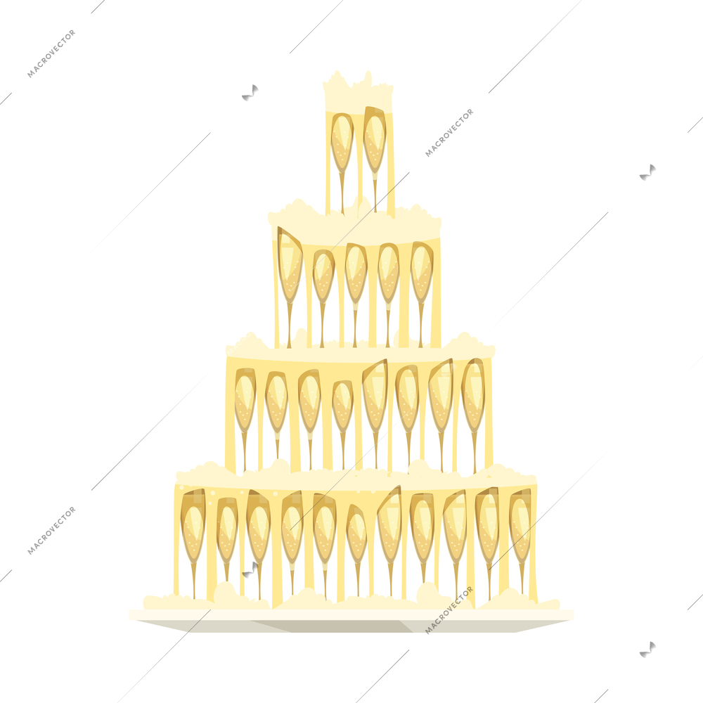 Pyramid of champagne glasses with bubbles flat vector illustration