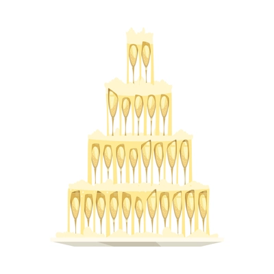 Pyramid of champagne glasses with bubbles flat vector illustration