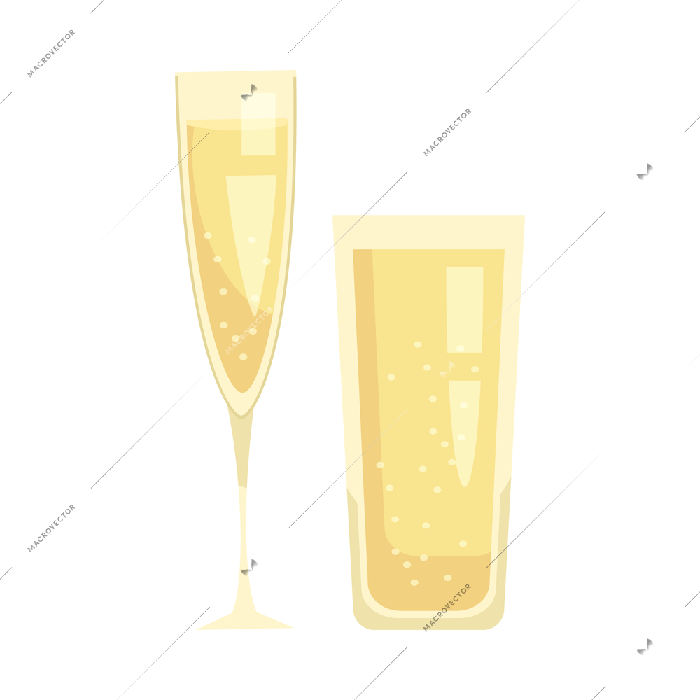 Two flat glasses of champagne on white background isolated vector illustration