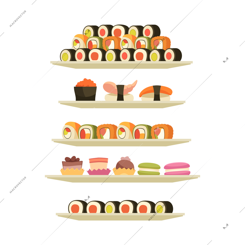 Flat collection of dishes with sushi maki desserts for banquet isolated vector illustration