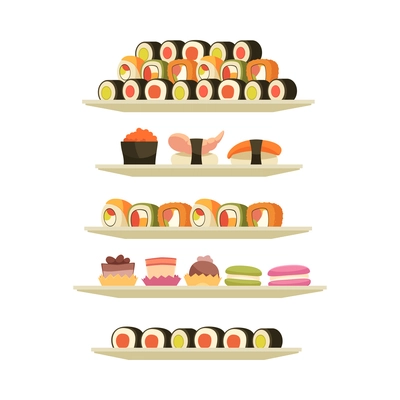 Flat collection of dishes with sushi maki desserts for banquet isolated vector illustration