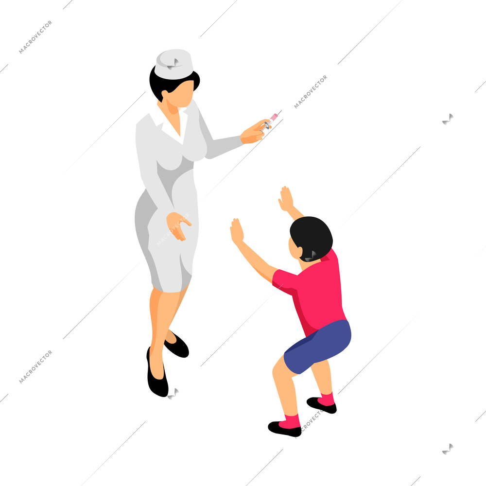 Vaccination isometric icon with child and nurse holding syringe isolated 3d vector illustration