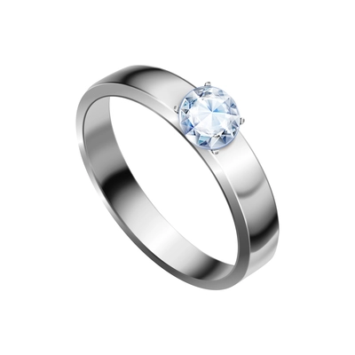 Realistic white gold ring with big diamond vector illustration