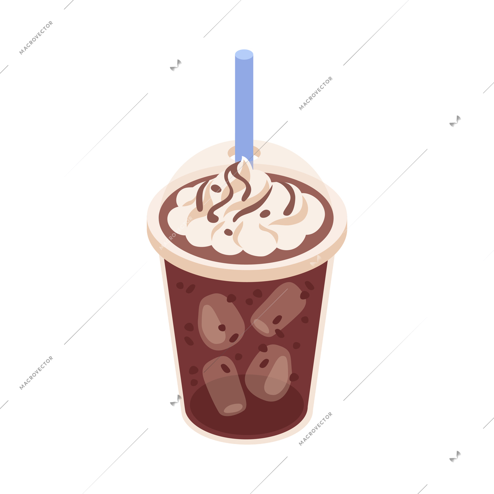 Isometric plastic cup of iced coffee with cream and straw 3d vector illustration