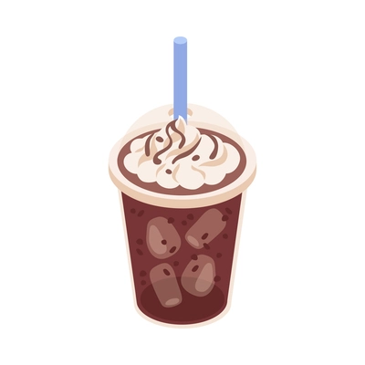 Isometric plastic cup of iced coffee with cream and straw 3d vector illustration