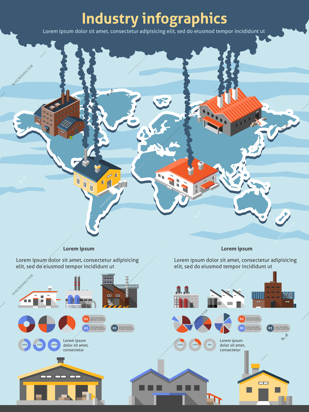 Industrial buildings factories industry infographics set with charts and world map vector illustration