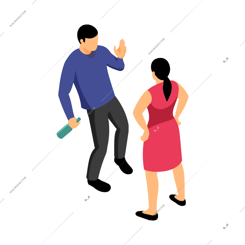 Isometric characters of drunk man and his angry wife 3d vector illustration